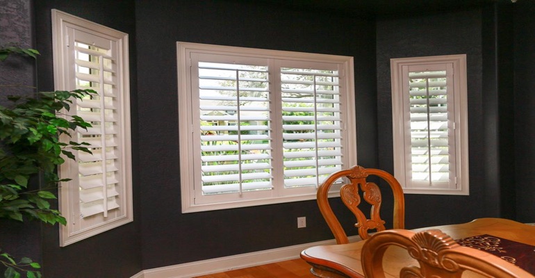 White Polywood Plantation Shutters In Dark Green Dining Room