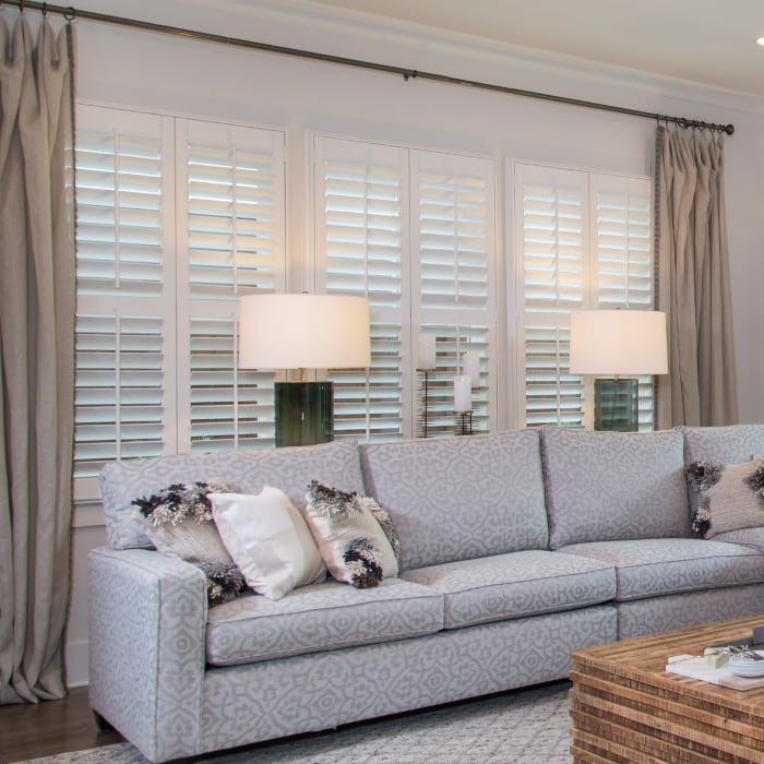 White plantation shutters in a living room