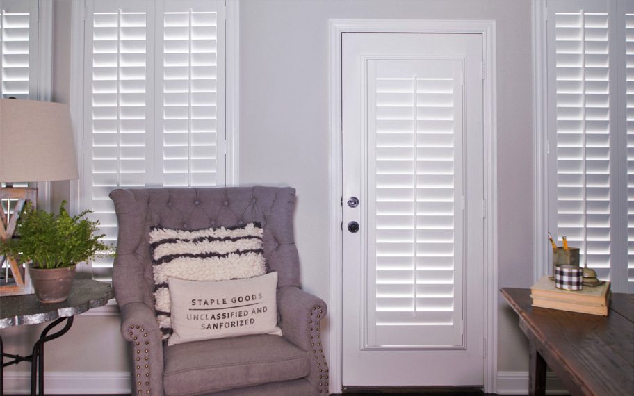Interior shutters are beautiful and durable window treatments for glass doors in Cincinnati. Polywood shutters on a door