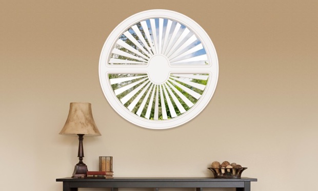 You can cover specialty shaped windows with our Polywood shutters. Circle shaped window in Cincinnati