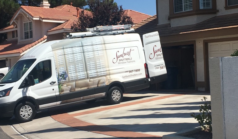 At an in-home consultation, we take the showroom to your room. Alt text: Sunburst Shutters van parked at customer's home.
